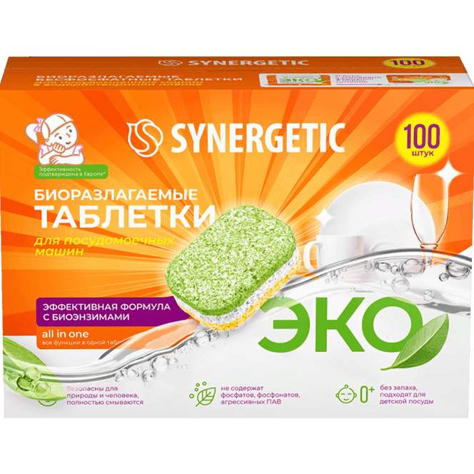 Таблетки для посудомоечных машин SYNERGETIC (100 шт.упак)
